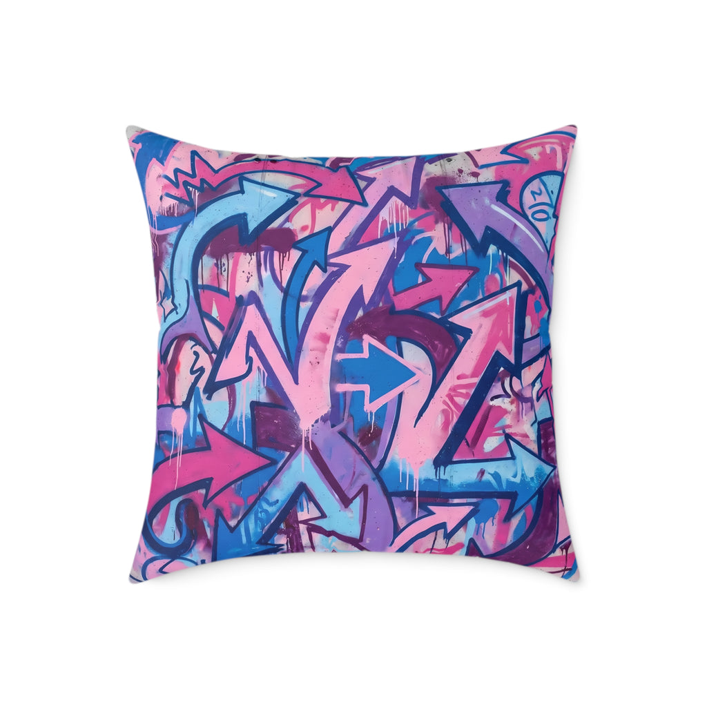 Graffiti Arrow Square Pillow — Pink & Blue Street Art Decorative Throw Pillow