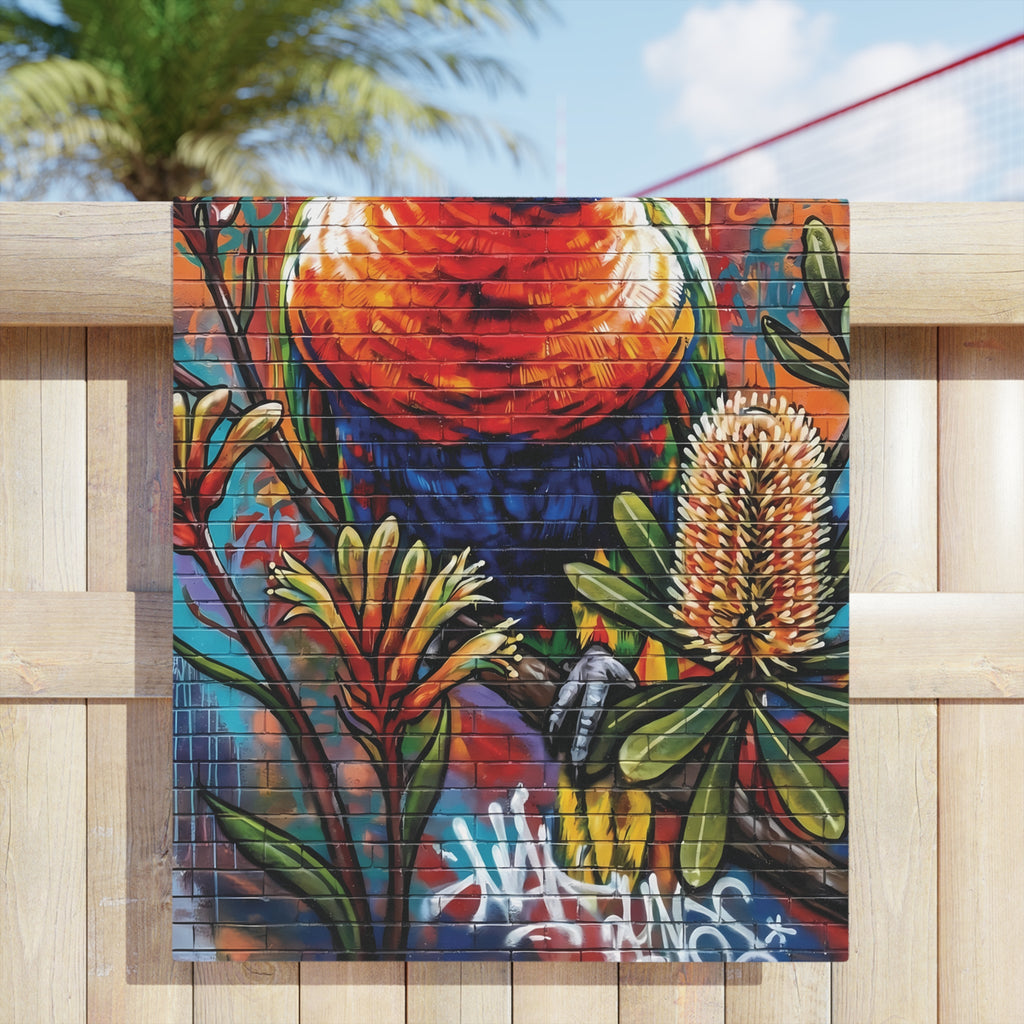 Rainbow Lorikeet Graffiti Beach Towel | Tropical Parrot Floral Print