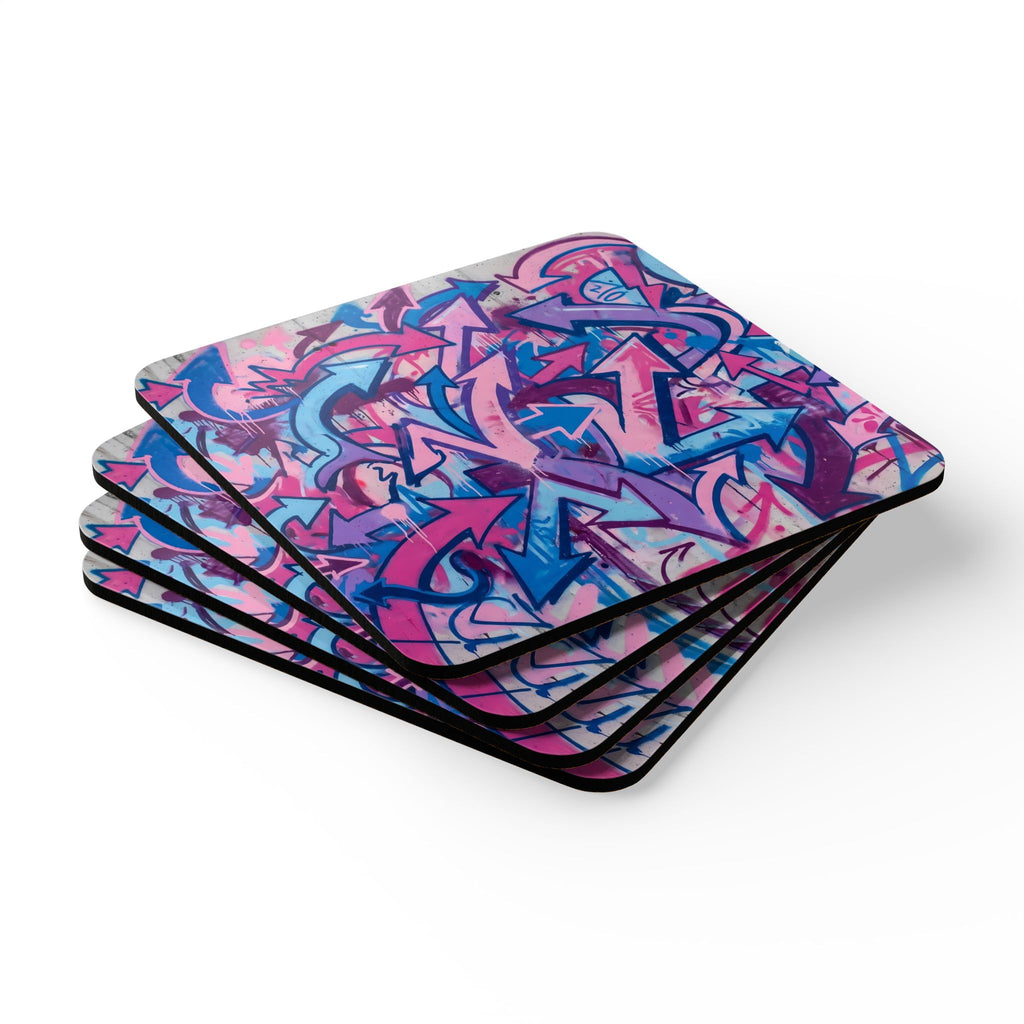 Graffiti Arrow Cork Coaster Set — Vibrant Pink & Blue Urban Drink Coasters (Set of 4)