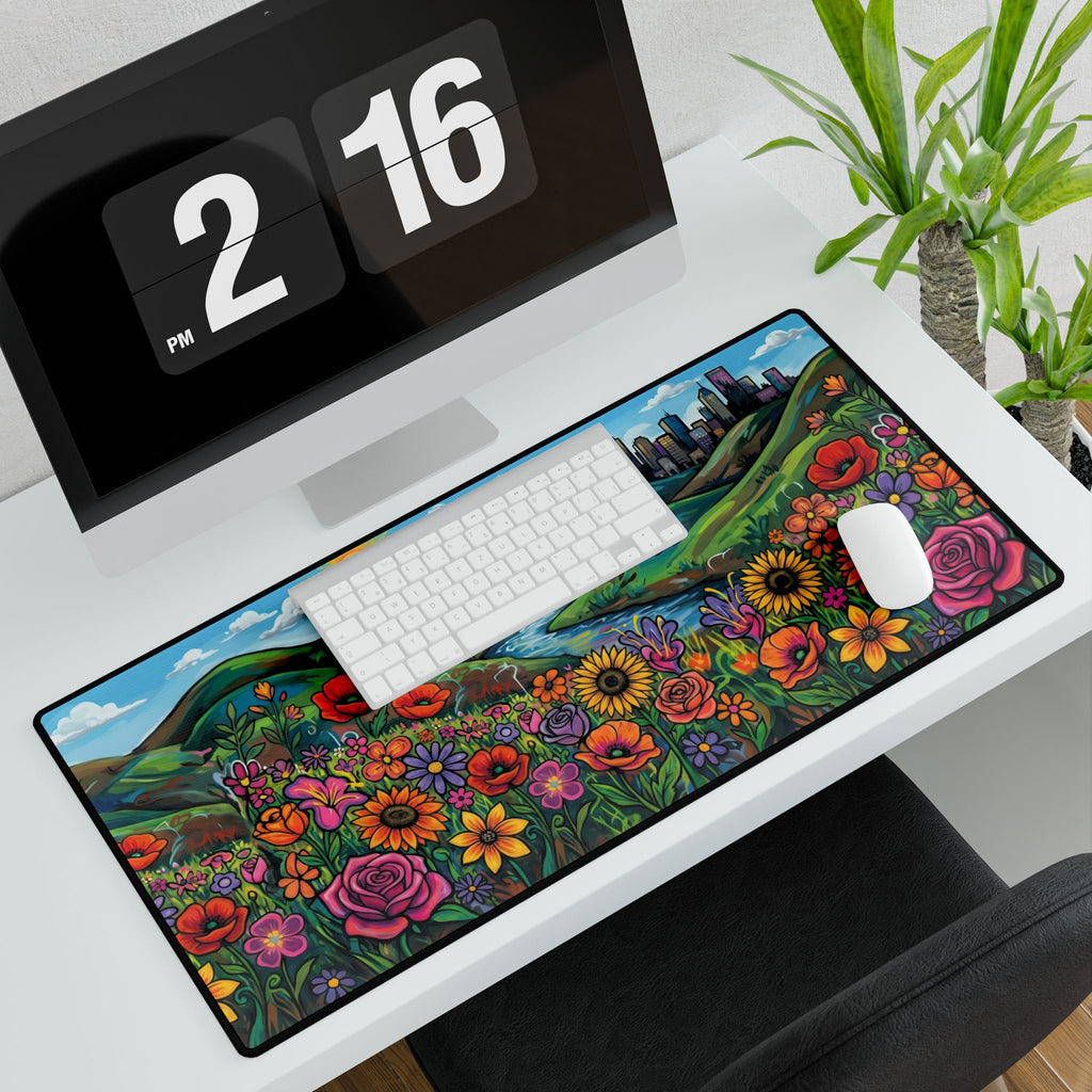 Floral Sunrise Cityscape Desk Mat — Colorful Wildflower Mouse Pad