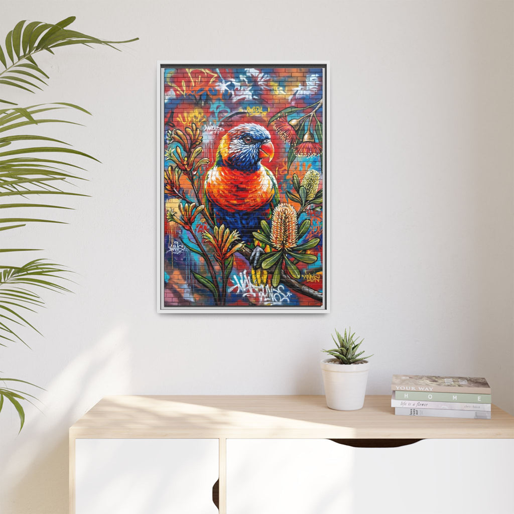 Rainbow Lorikeet Graffiti Canvas — Framed Matte Wall Art
