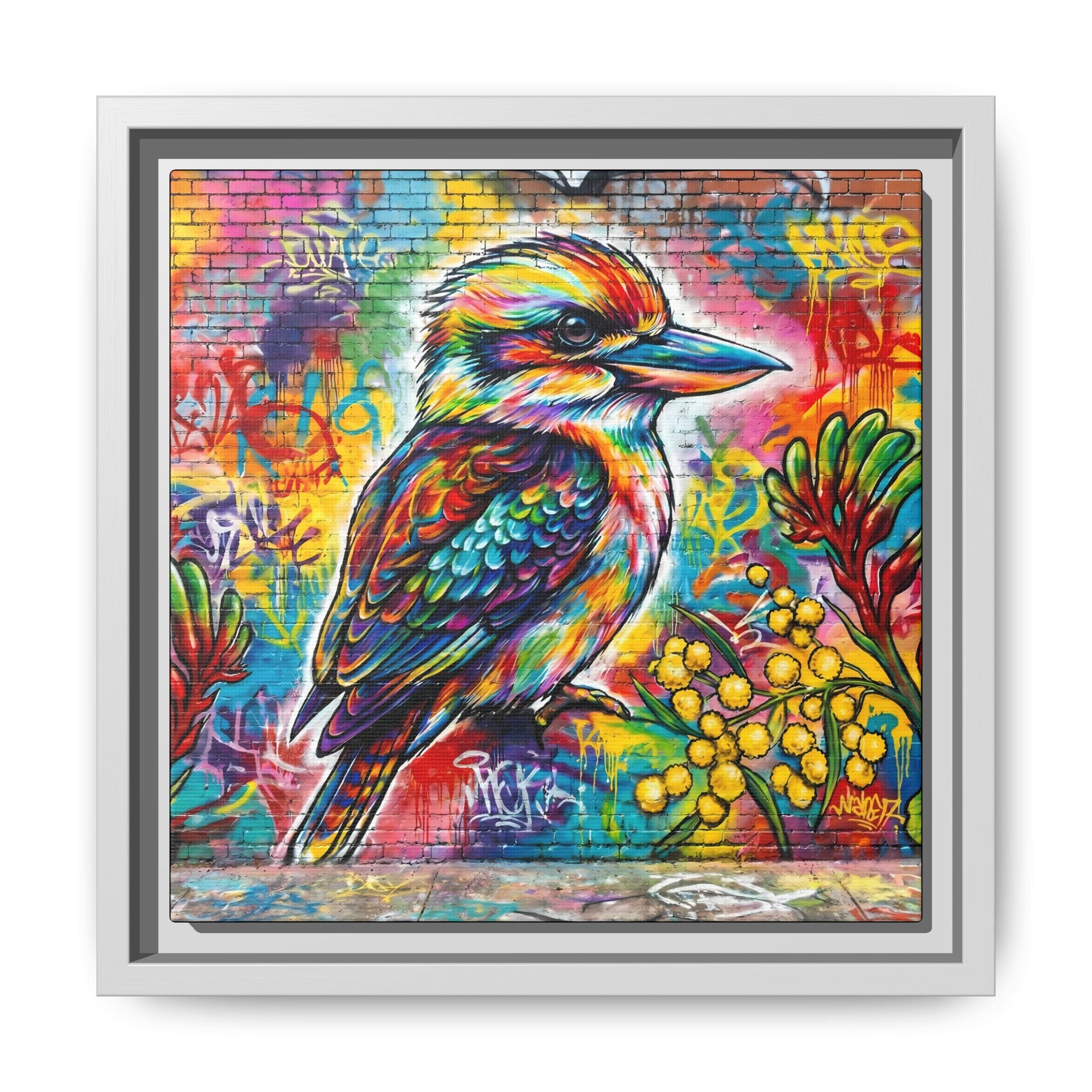 Kookaburra Graffiti Art Framed Matte Canvas | Colorful Urban Bird Print