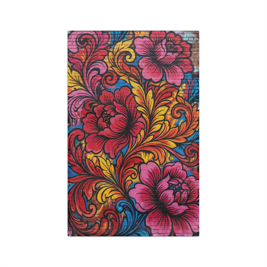 Floral Mural Microfiber Tea Towel — Vibrant Pink & Gold Boho Kitchen Décor