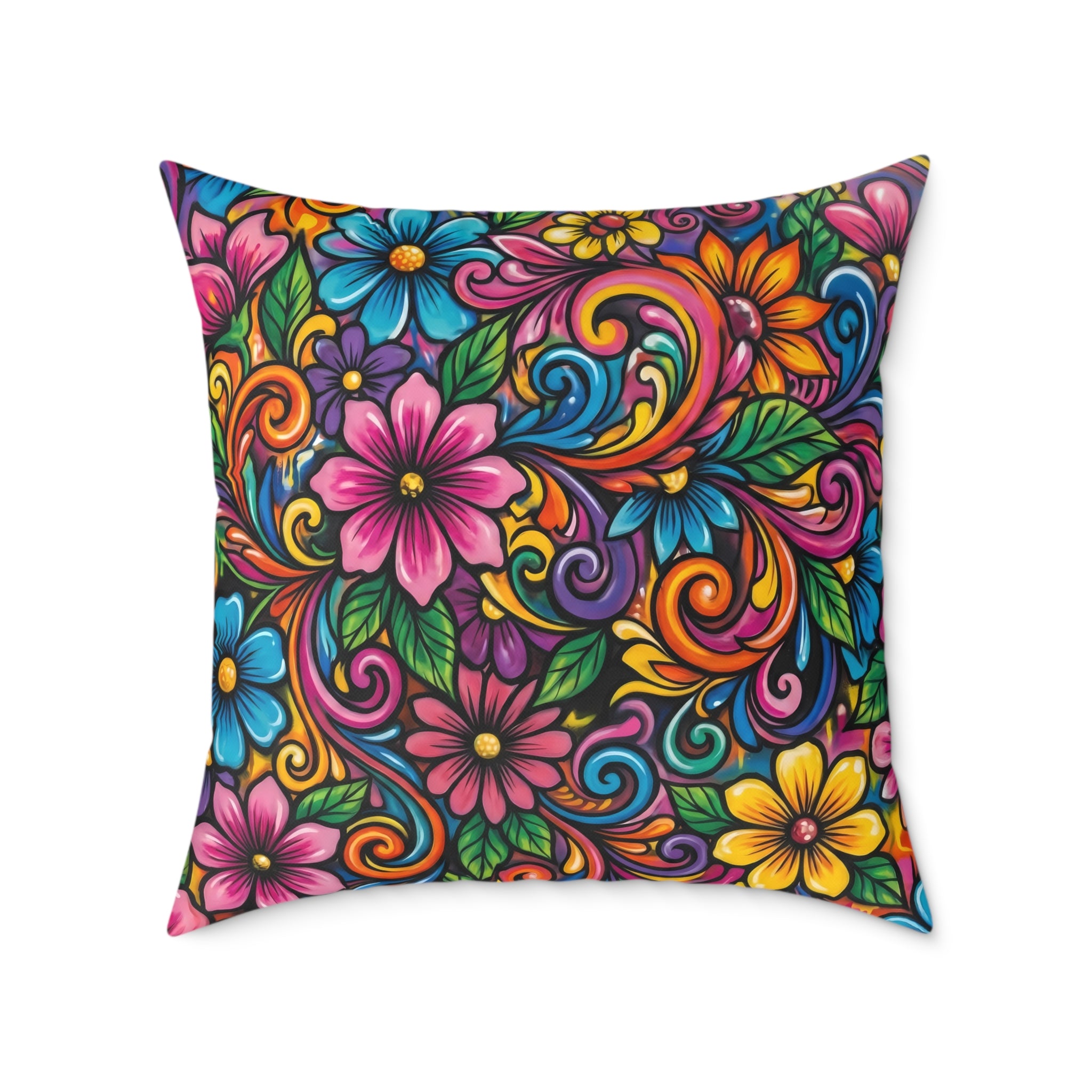 Floral Swirl Decorative Pillow — Colorful Boho Square Throw Cushion
