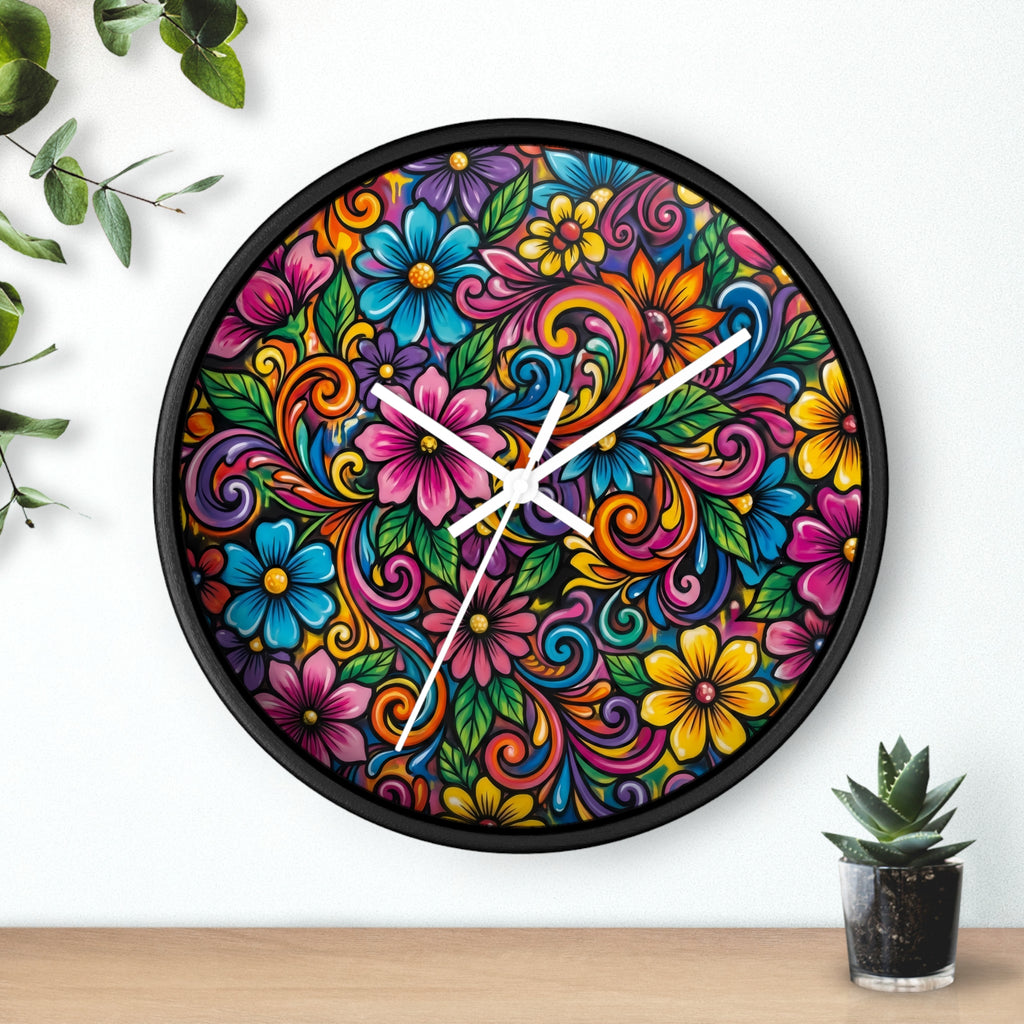 Colorful Floral Swirl Wall Clock — Vibrant Flower Art Timepiece
