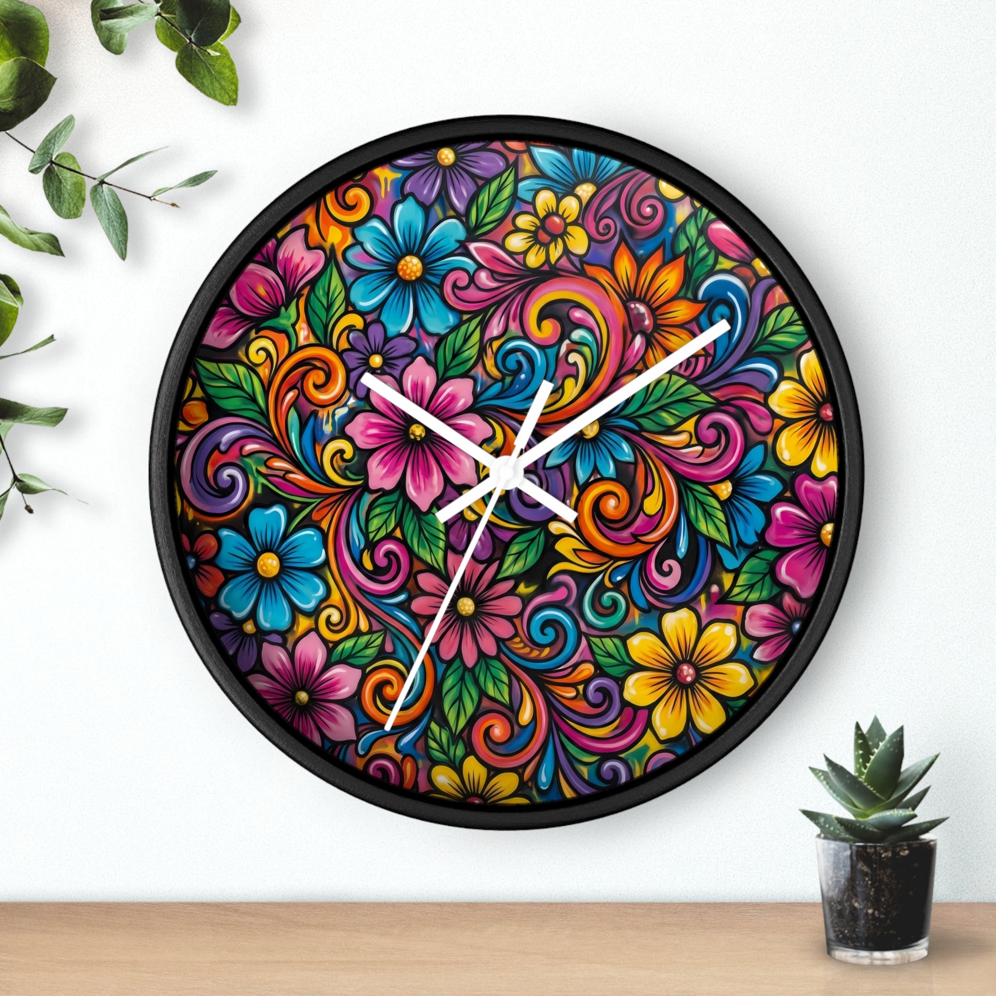 Colorful Floral Swirl Wall Clock — Vibrant Flower Art Timepiece