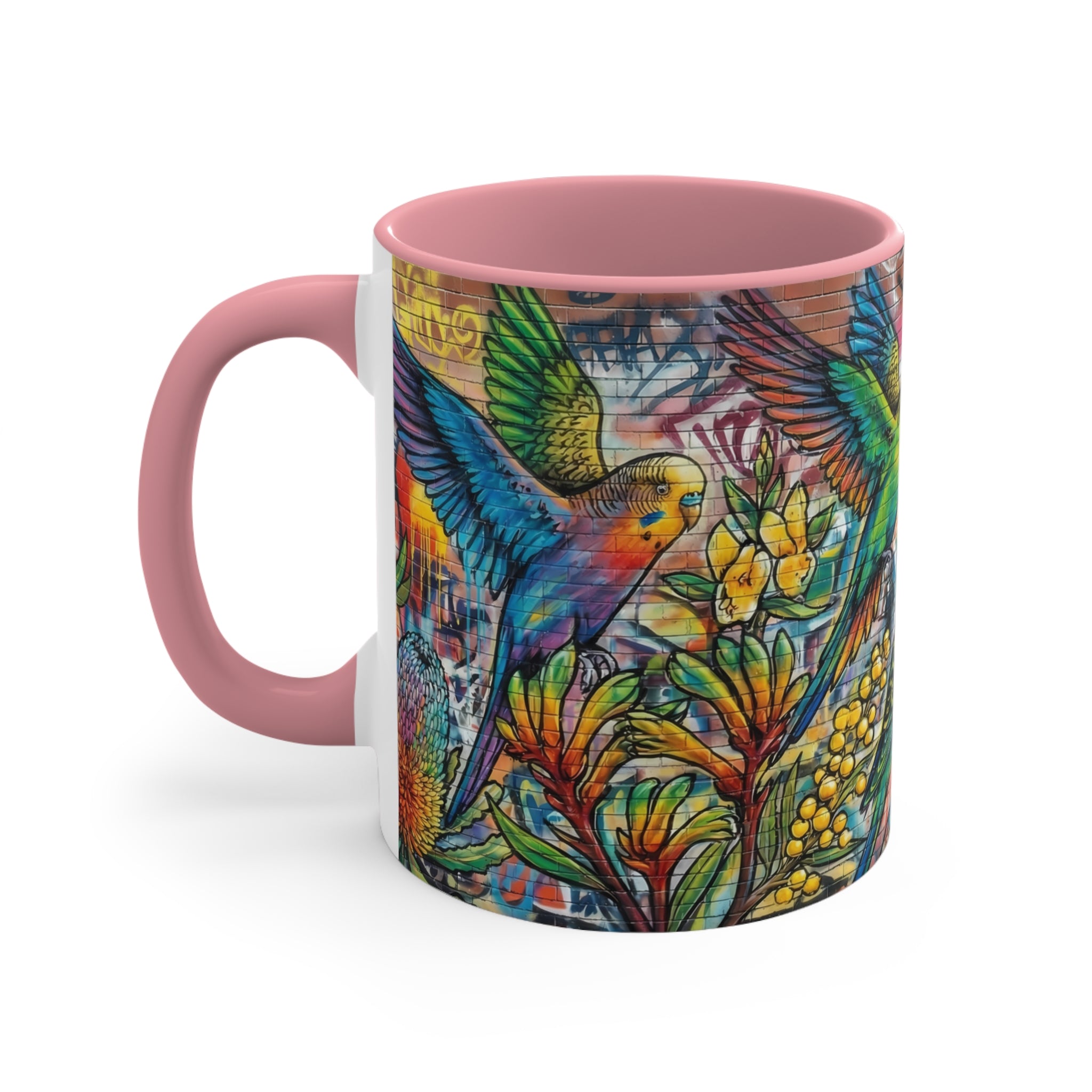Colorful Budgerigar Floral Accent Mug — 11oz Ceramic Coffee Cup (Multiple Colours)