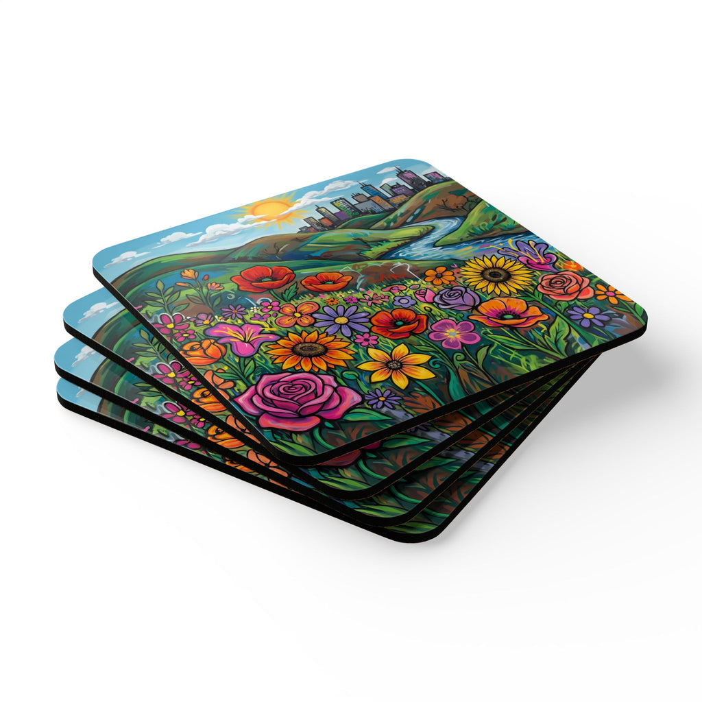 Cityscape Graffiti Cork Coaster Set — Urban Street Art Drink Coasters (Set of 4)