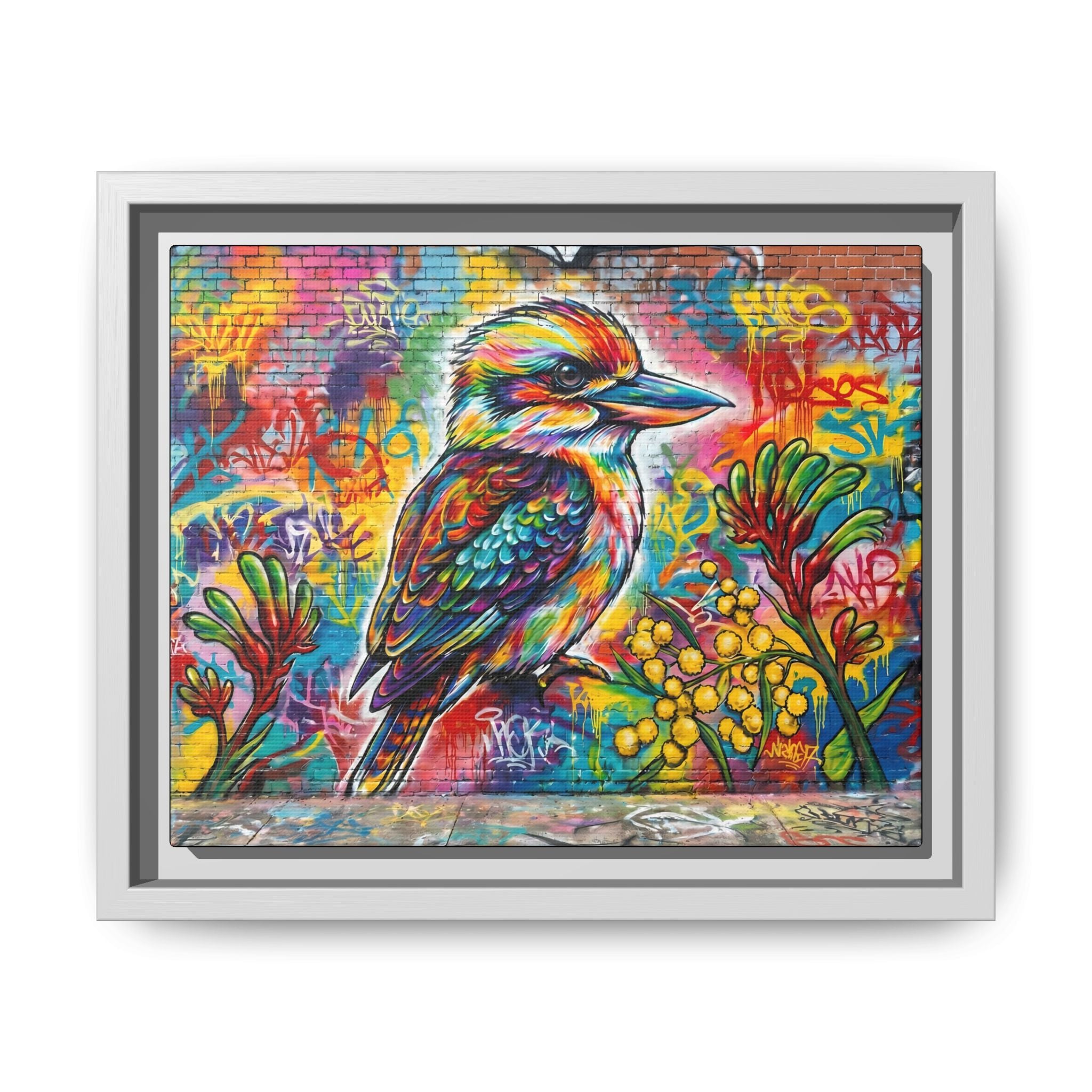Kookaburra Graffiti Art Framed Matte Canvas | Colorful Urban Bird Print