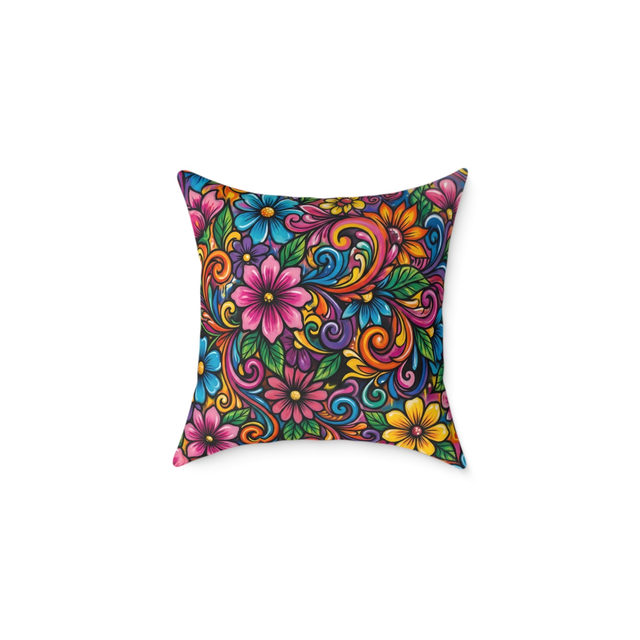 Floral Swirl Decorative Pillow — Colorful Boho Square Throw Cushion