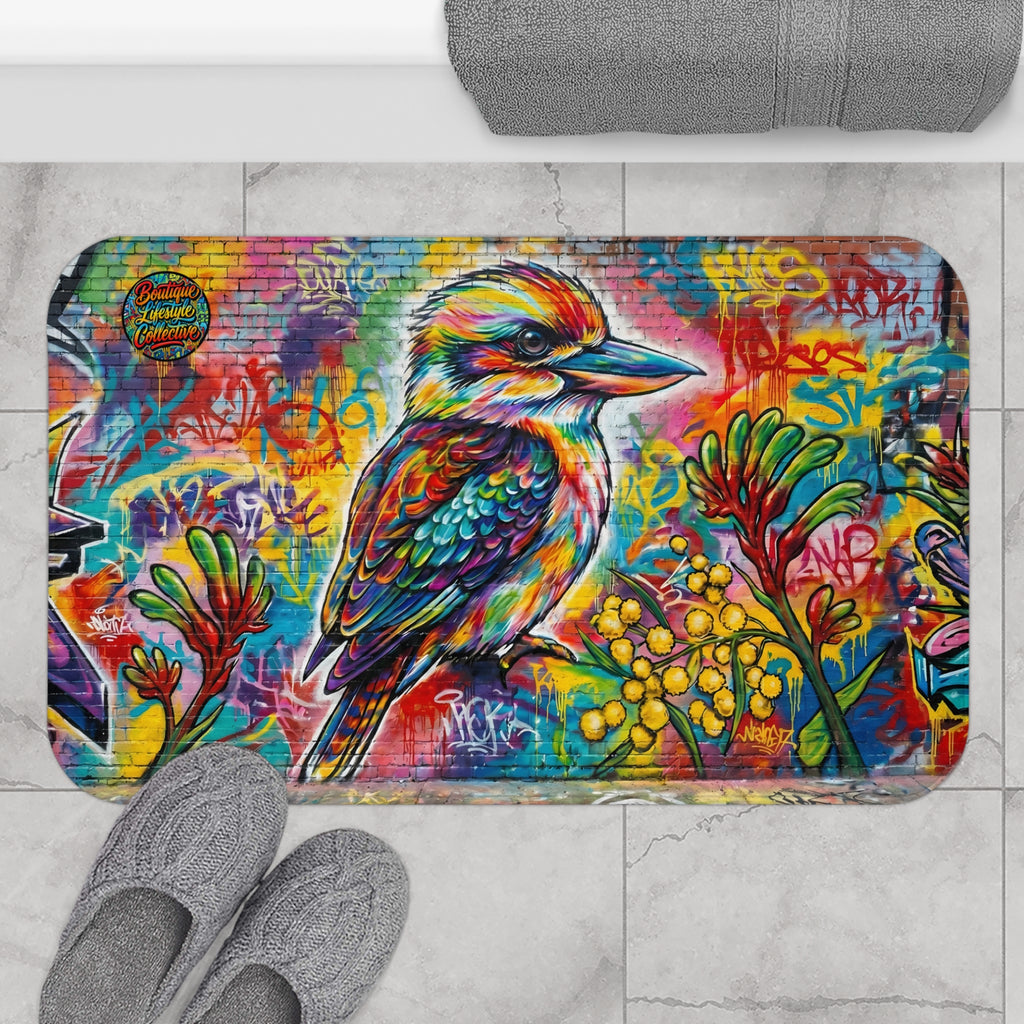 Colorful Graffiti Kookaburra Bath Mat — Vibrant Street Art Bird Bathroom Rug