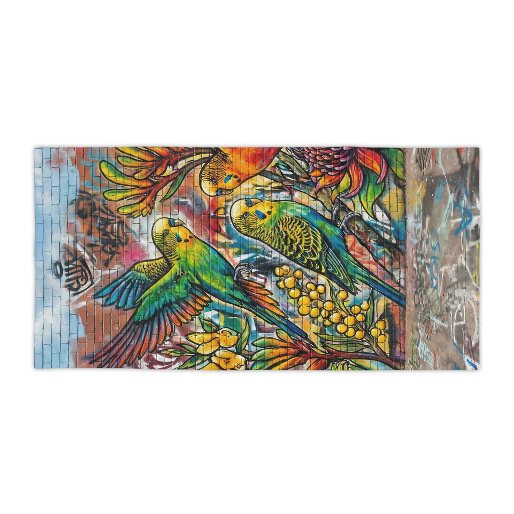 Graffiti Budgerigar Beach Towel — Vibrant Urban Art